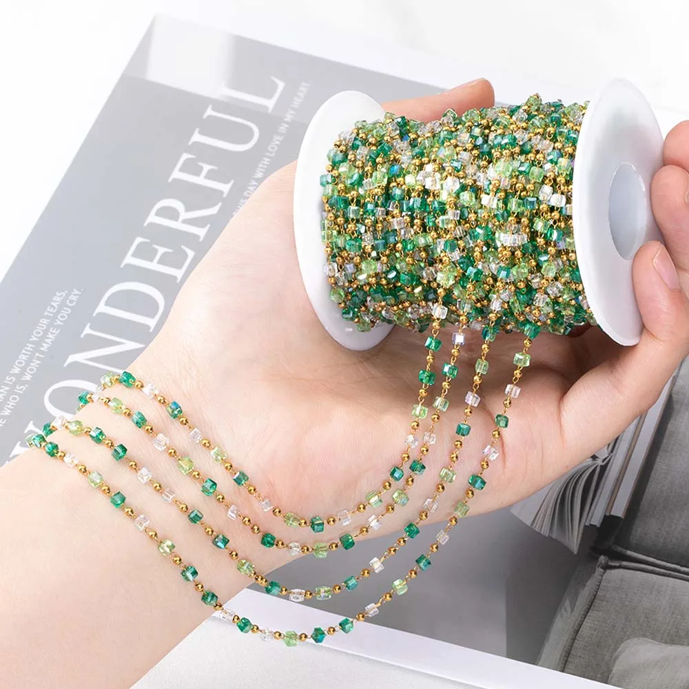 1Meter Stainless Steel Chain Boho Green Crystal Cube Square Beads Chain for DIY Holiday Style Necklaces Bracelets Jewelry Making
