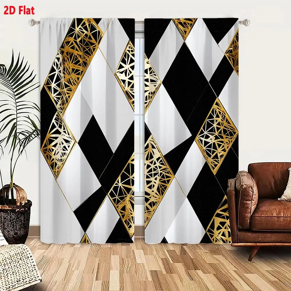 2Pcs Curtains 2D Flat Geometric Luxury Pattern With Black White And Gold Filigree Diamonds For Modern Wallpaper Tile Fabric Wind