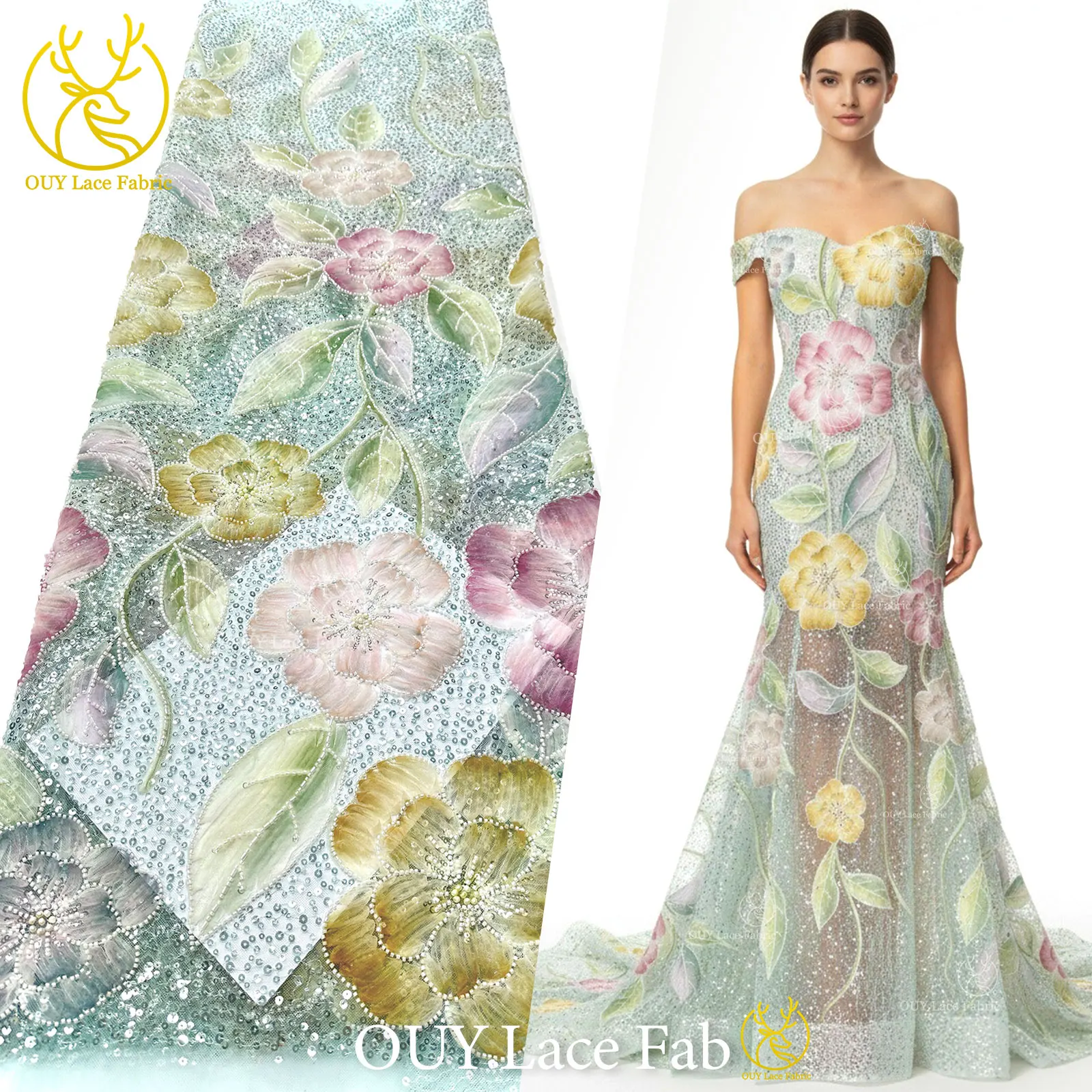 

Модная нигерийская кружевная ткань с цветочным принтом 2026 в африканском французском стиле, расшитая блестками и бисером, кружевная ткань, вечерние платья и свадебные платья