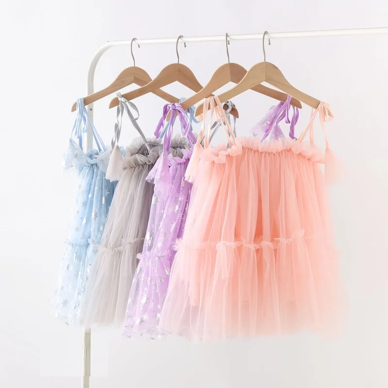 Summer New Snowflake Print Girls Party Dresses Puffy Mesh Princess Dress Baby Suspender Ball Gown Birthday Piano Dress