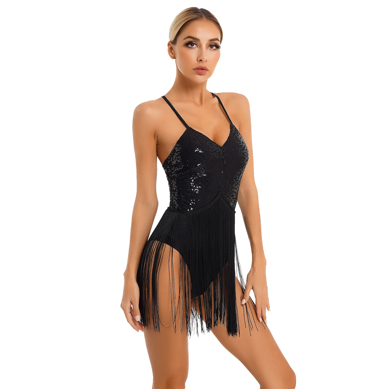 Women Sequins Tassel Dance Leotard Glitter Fringed Bodysuit V Neck Dancewear Adjustable Straps Performance Costume