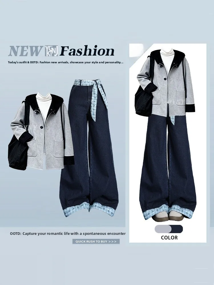 

Корейский дизайнерский комплект: куртка и джинсы в клетку с пэчворком, женский осенне-зимний модный студенческий костюм-двойка, брюки с высокой талией