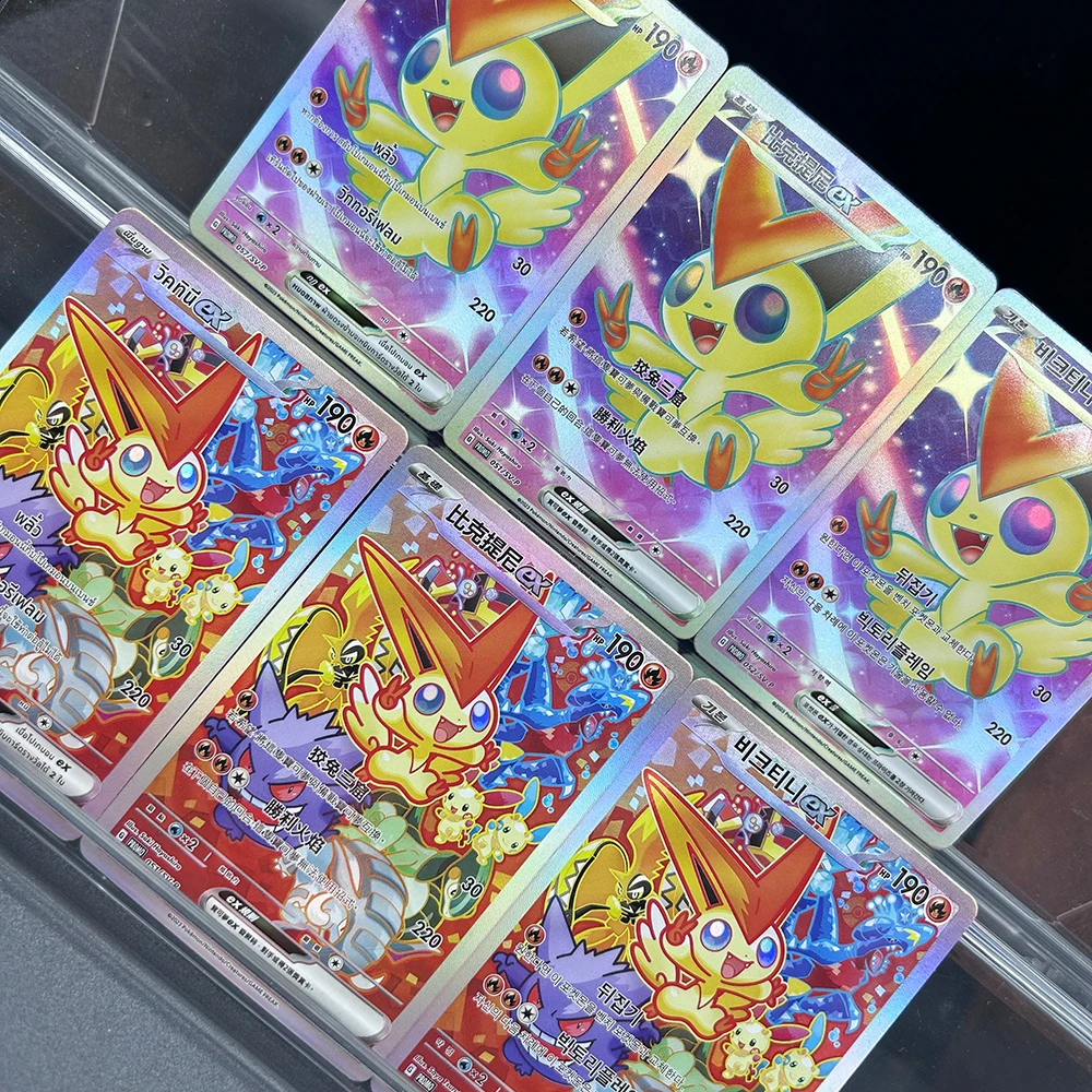 Cartão de coleção ptcg de desenho animado, mais alta qualidade, victini, exclusivo, cartão de exibição promocional, três idiomas, cartão de folha, presentes para crianças, brinquedo