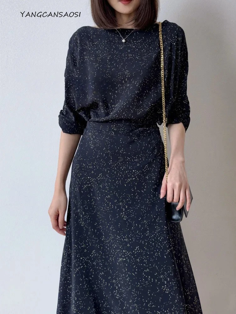 

Round Neck Long Sleeved A Sky Full of Stars 100% Natural Mulberry Silk Crepe De Chine Black One Collar Half Sleeve Party Dress