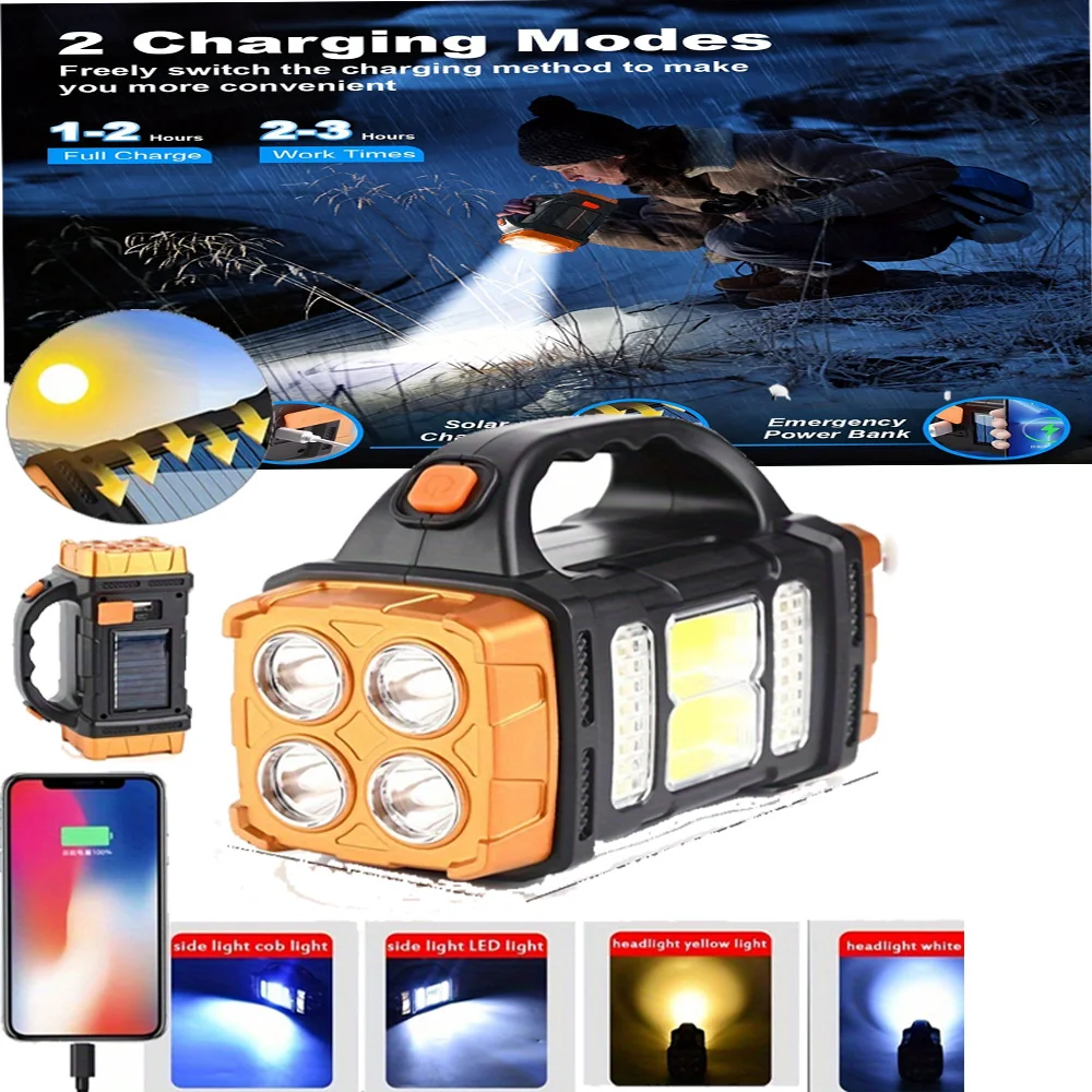 Powerful USB Rechargeable Flashlight Waterproof LED Light With COB Work Light 4 Gear Charge Mobile Phone Camping Solar Lamp