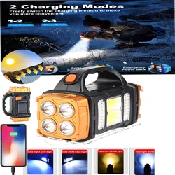 Powerful USB Rechargeable Flashlight Waterproof LED Light With COB Work Light 4 Gear Charge Mobile Phone Camping Solar Lamp