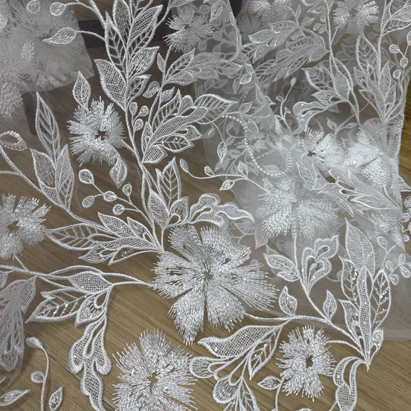 

Delicate Floral Leaf Embroidery Lace Sheer Fabric Premium Material For Wedding Veil Formal Dress Event Decoration Elegant Sheer