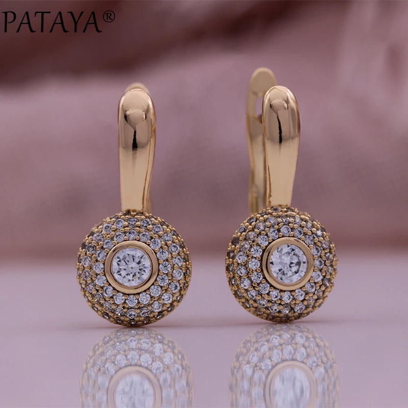 PATAYA New Arrivals Micro-wax Inlay Natural Zircon Earrings 585 Rose Gold Color Fashion Women Wedding Jewelry Round Earrings