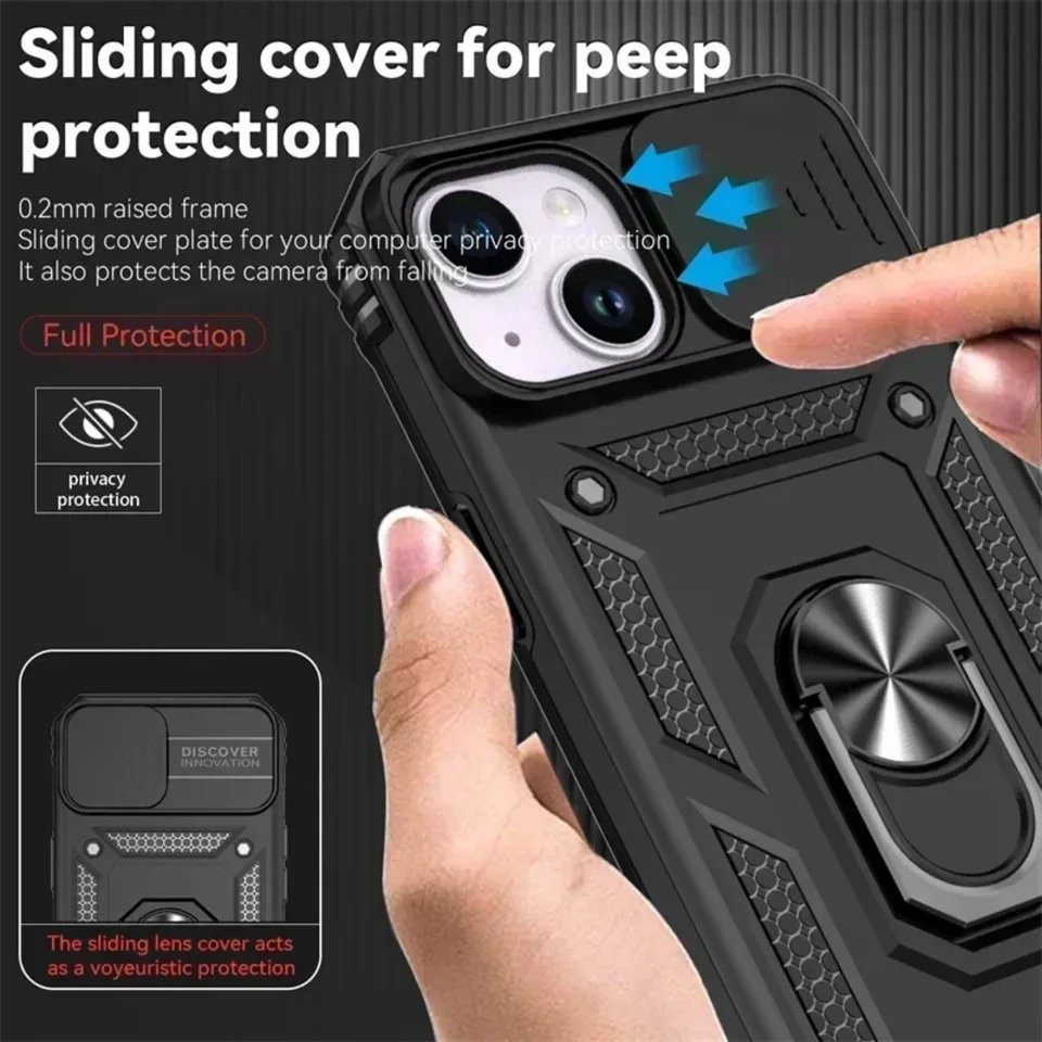 Funda blindada de grado militar con anillo giratorio y lente de cámara deslizante para iPhone 17 16 E 14 13 12 11 15 Pro Max Plus Mini 4