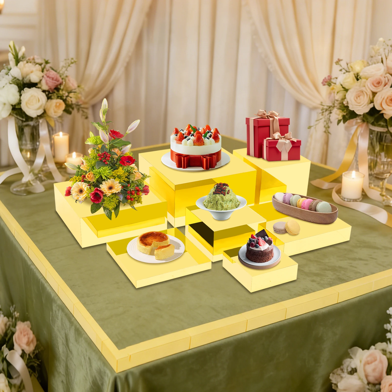 Gold Acrylic Cake Display Stand, 7PCS Cupcake Stands, Buffet Risers Set ，Rectangular Acrylic Buffet Raised Rack Set 6