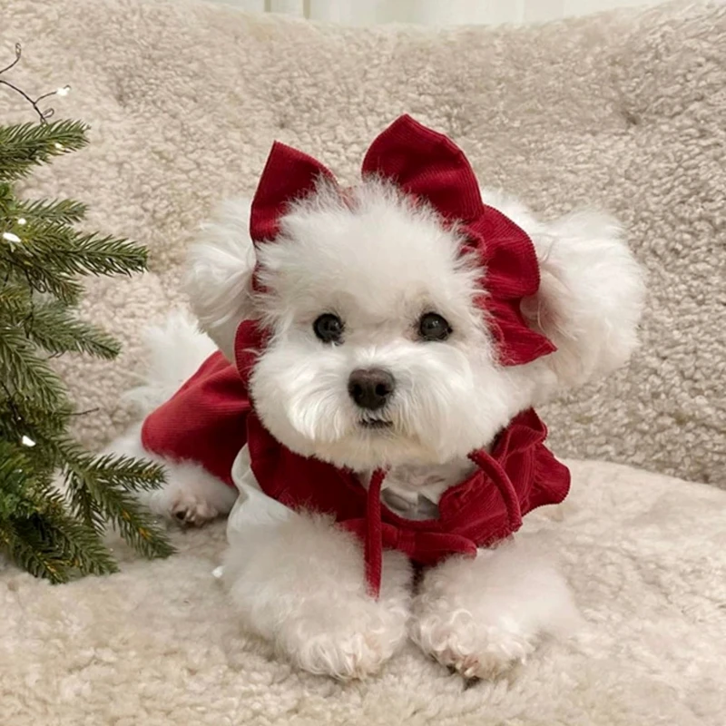 

Red Corduroy Dog Clothes Teddy Winter Dress Bichon Solid Colour Pullover Pomeranian Small Dog Warm Clothes