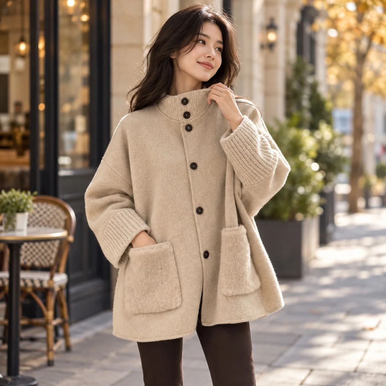 Stand Collar Patchwork Coat Regular Length Elegant Commuter with Open Front Patchwork Pattern Women Coat Loose Fit Long Sleeve