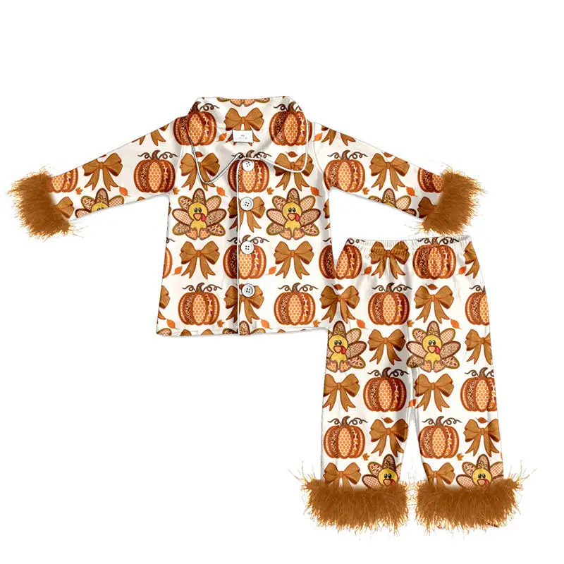 Girl Autumn Thanksgiving Clothes Turkey Pumpkin Bow Print Feather Trim Girls Long Sleeve Pants Set