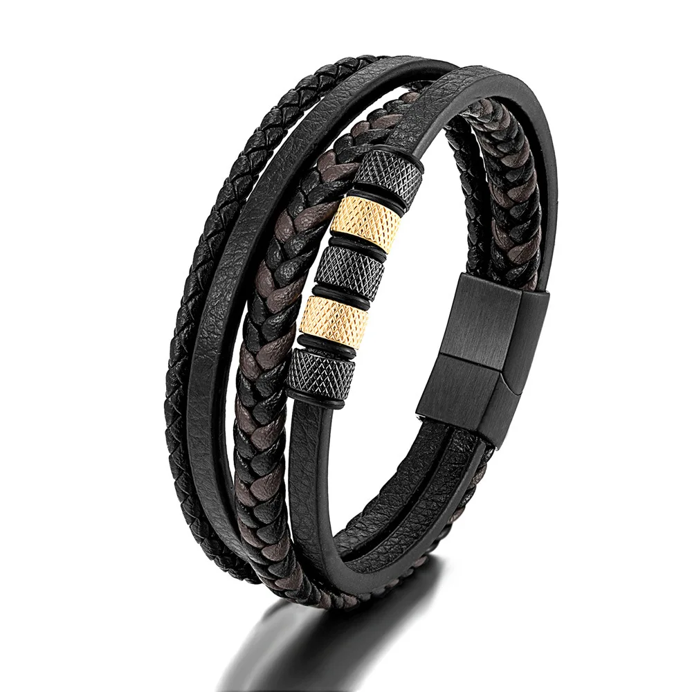 

Handmade Layered Braided Leather Braclet for Men Metal Beads Charm Cuff Bracelet Wristband Male Leather Bangle Hand Jewelry Gift