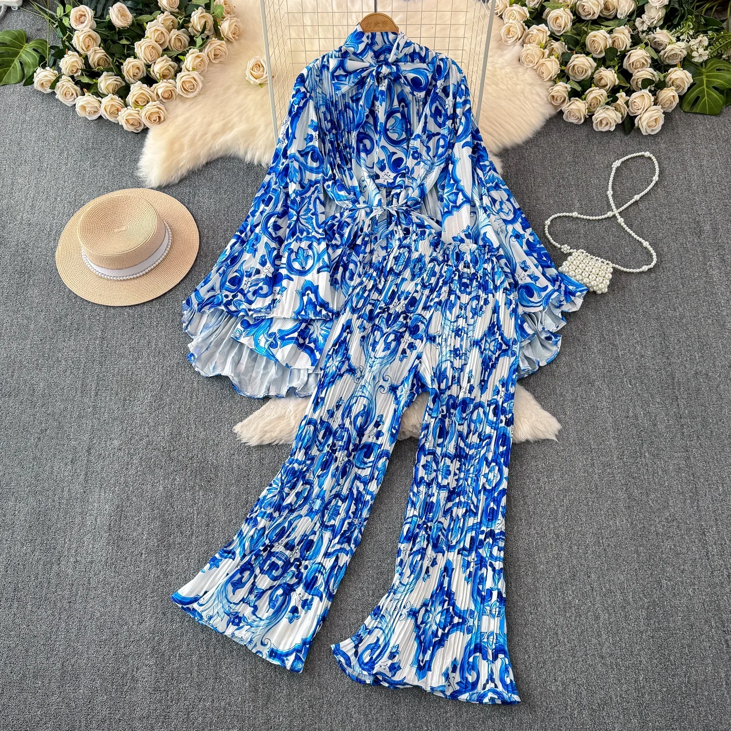 Temperament two-piece set for women European and American style high-end sense waistband printed top+loose casual pleated pants