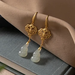 Original Natural Hotan Jade earrings for women high-level Ancient gold craft Classic Ruyi gourd Eardrop wedding jewelry gift