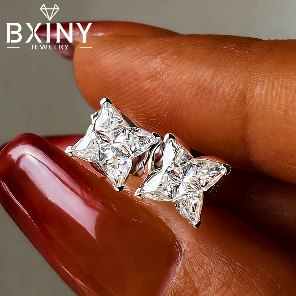 

Серьги-гвоздики BXINY 4/5 мм с муассанитом огранки «Лилия», серебро 925 пробы, сертифицированные, в форме клевера, для женщин, подарок, ювелирные изделия GRA
