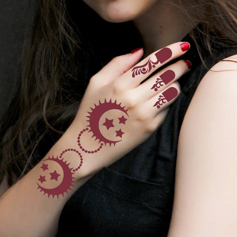 Moon Flower Design Tattoo Stencils for Ramadan Festival Henna Tattoo Templates for Women Hand Body Decor Temporary Tattoos