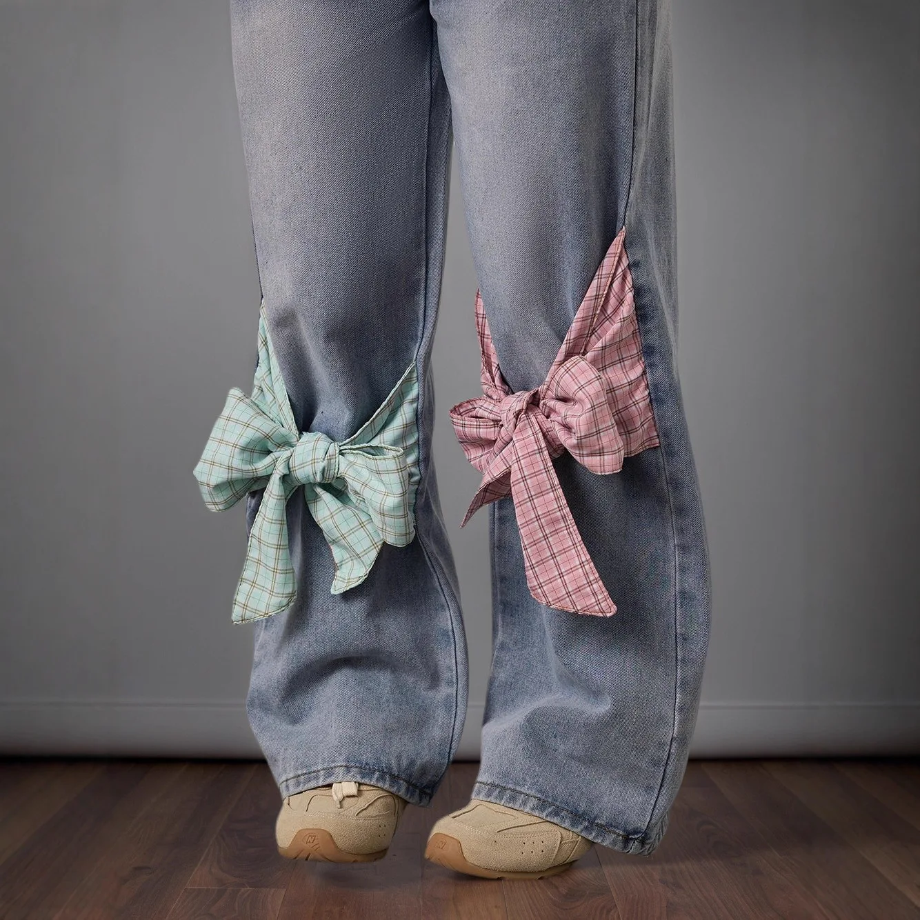 Women Print Bow Denim Pants Straight Loose High Waist Wide Leg Pant Casual Spliced Pockets Trousers Streetwear Washed Winter