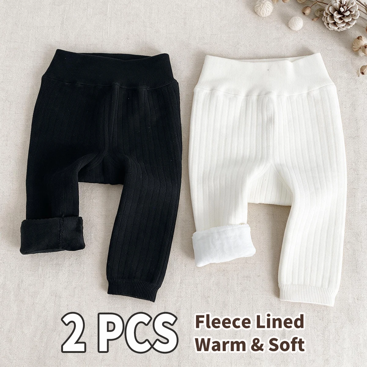 2 PCS Girls Thick Fleece Integrated Leggings, Simple Solid Color Ribbed Warm Pants for Toddler