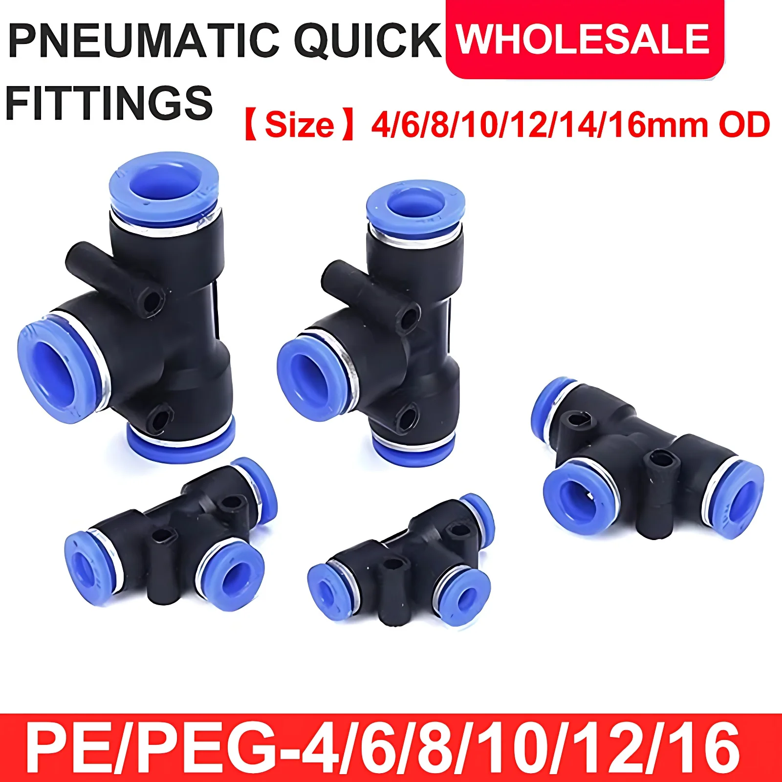 50/100/500/1000 Pcs 4/6/8/10/12/14/16mm Push Fittings Plastic Push to Connect Quick Fitting Tee Shaped, Air Line Push Lock