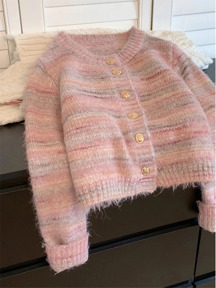 

Розовый полосатый вязаный открытый кардиган, женский осенне-зимний ор круглый свитер с маленькими рукавами, топ-джакет