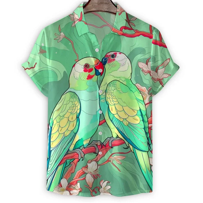 Camisa havaiana de praia colorida com estampa 3D masculina, animal, pássaro, papagaio, legal, manga curta, blusa de lapela, verão