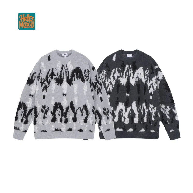 

HELLOMARCEL Autumn Winter EU US Size Retro College Sweater Unisex Couple Round Neck Student Casual Sweater