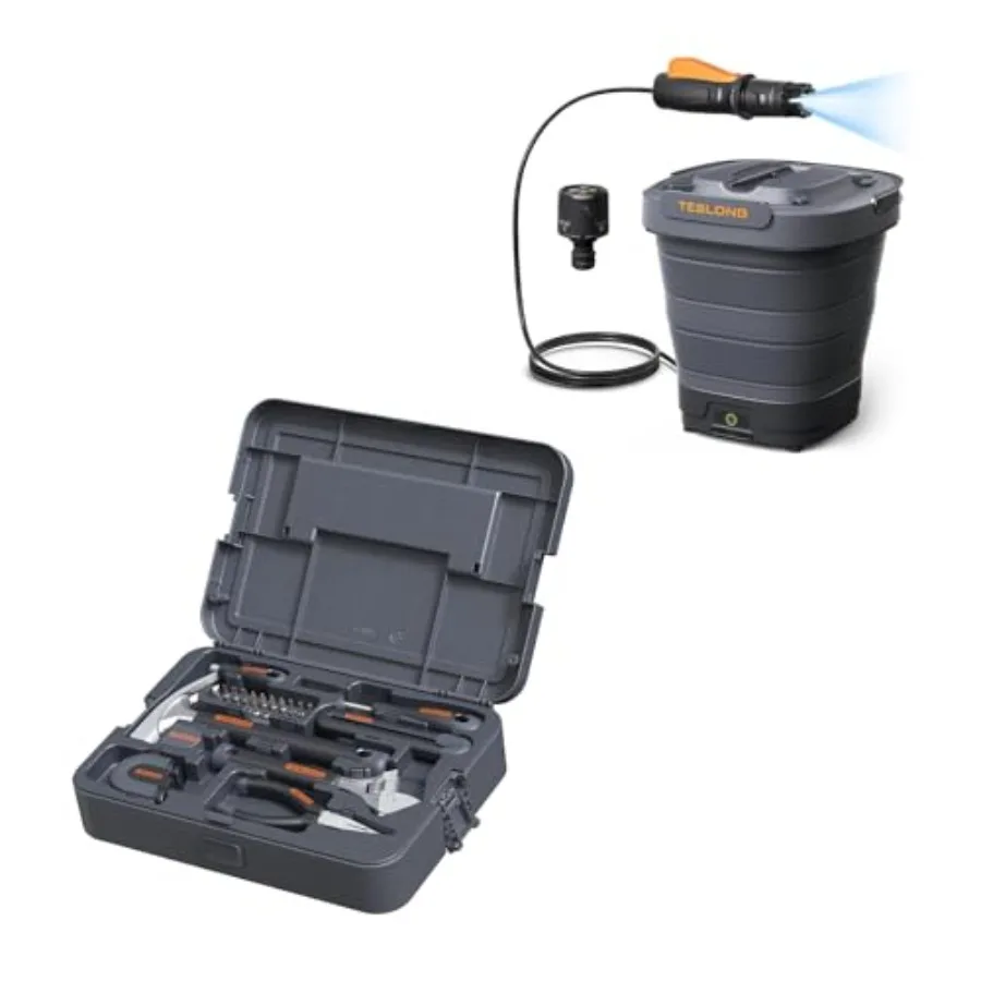 

27 Pcs Basic Hand Tool Set with Storage Case and Portable Electric Pressure Washer with 12L Tank Foldable Design 4-in-1