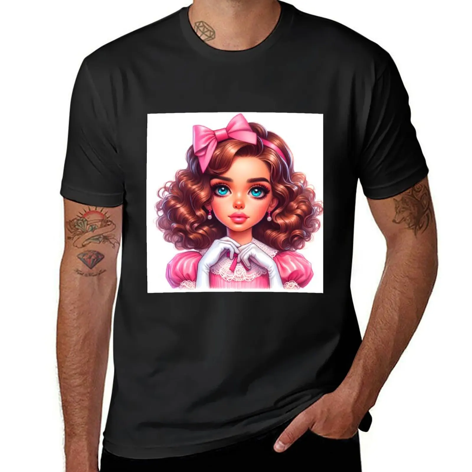 Charming Little Girl Sticker: Blue-eyed Beauty in Festive Pink Dress with Bow and Gloves - Pencil Drawing Delight T-Shirt