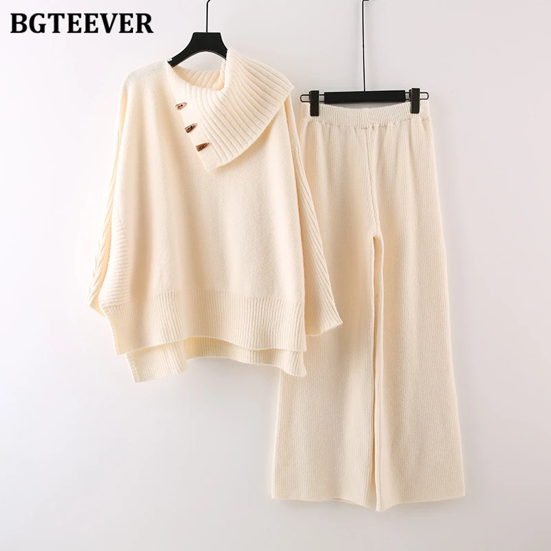 BGTEEVER Autumn Winter Loose Women Sweater Set Long Sleeve Turtleneck Pullovers Female Knitting Trousers Ladies Knitted Outfits