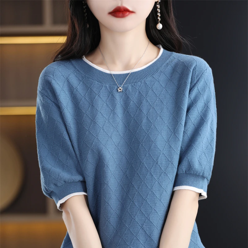 2023 summer new cotton T-shirt women\'s casual pullover knitted sweater short-sleeved round-neck T-shirt color-blocking top