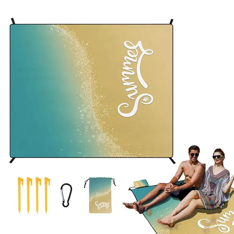 Beach Blanket Sandproof Waterproof Sand Free Picnic Mat Large Windproof Beach Mat With 4 Stakes and 1 Mesh Bag for Travel