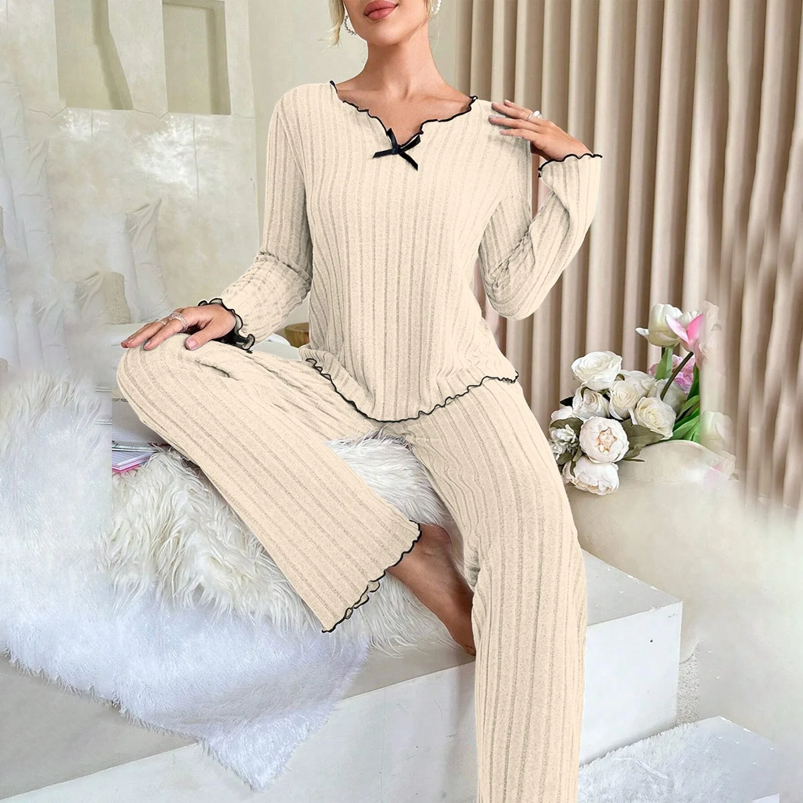 

Women Autumn Winter Sleepwear Ribbed Pajamas Set Long Sleeve Top and Long Pants 2 Piece Set Casual Homewear Loungewear 2025