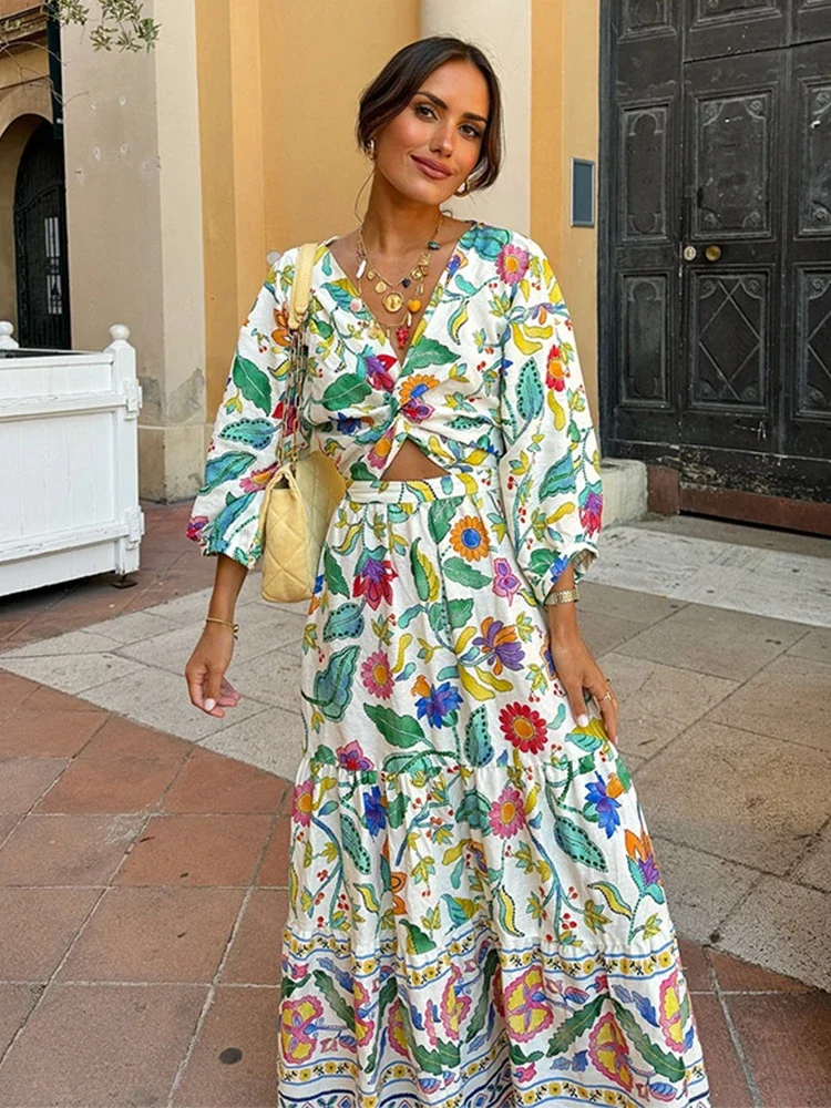 

Flower Printed Hollow Out Women's Maxi Dresses Elegant V Neck Long Sleeves Lady Dress 2024 New Summer Vacation Beach Party Robes