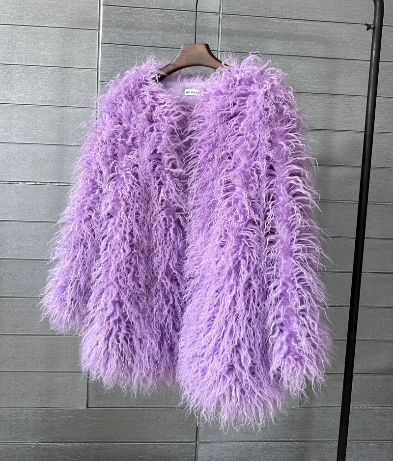 Mongolia Sheep Fur Women Medium Long Coat Jacket Colorful Warm Faux Fur Plush Coats Female Jacket Autumn Winter Furry Outerwear