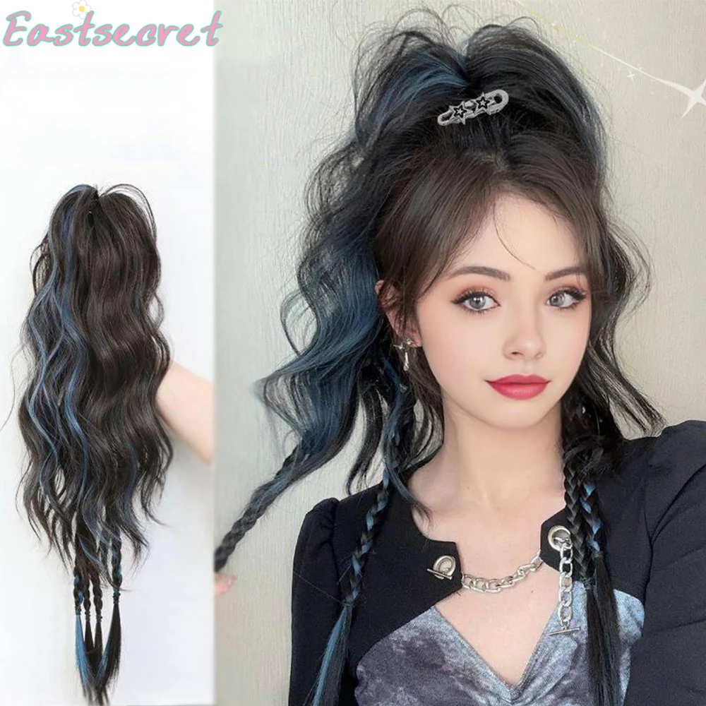 

EAST Synthetic Highlighted Blue High Ponytail Boxer Braid Wig Water Rippled Dopamine Half-tied Braid Claw Clip Waterfall Wig