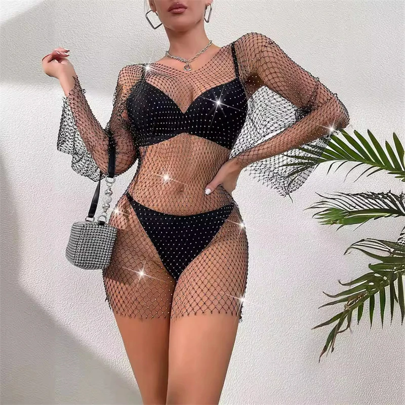Glänzende Strass Grid Fishnet Kleid Langarm V-ausschnitt Aushöhlen Urlaub Kleid Sexy Strand Cover Up Atmungsaktive Dame Vestidos – Detail 2