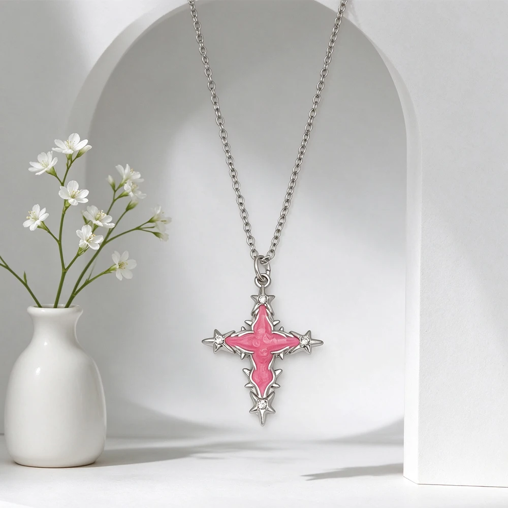 Thorn Cross Star Pendant Necklace Two-Tone Enamel Inlaid Diamond Cross Clavicle Chain Sweet Cool Punk Personality Neck Accessory