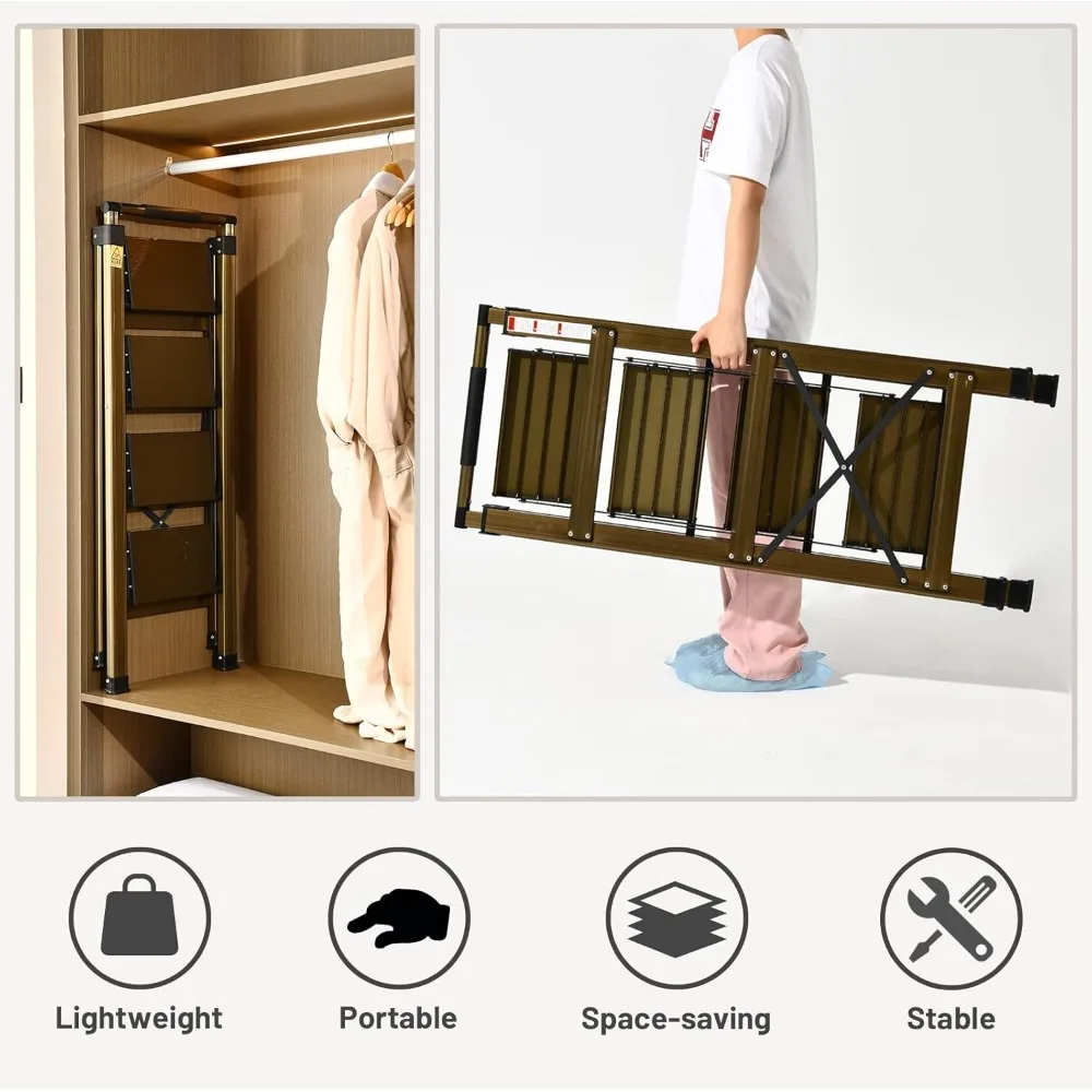 سلم ألومنيوم قابل للطي بأربع خطوات مع درابزين قابل للسحب ودواسات واسعة مضادة للانزلاق وتصميم محمول للاستخدام المنزلي والمكتبي #4