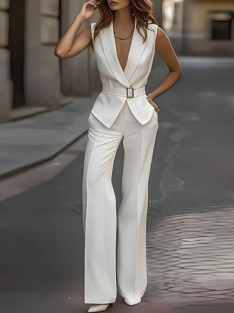 

Sexy V-neck Belt Tops & Long Pant Outfits Women Casual Sleeveless Commuting 2Pc Suit Fashion Hight Waist Solid Slim Office Sets