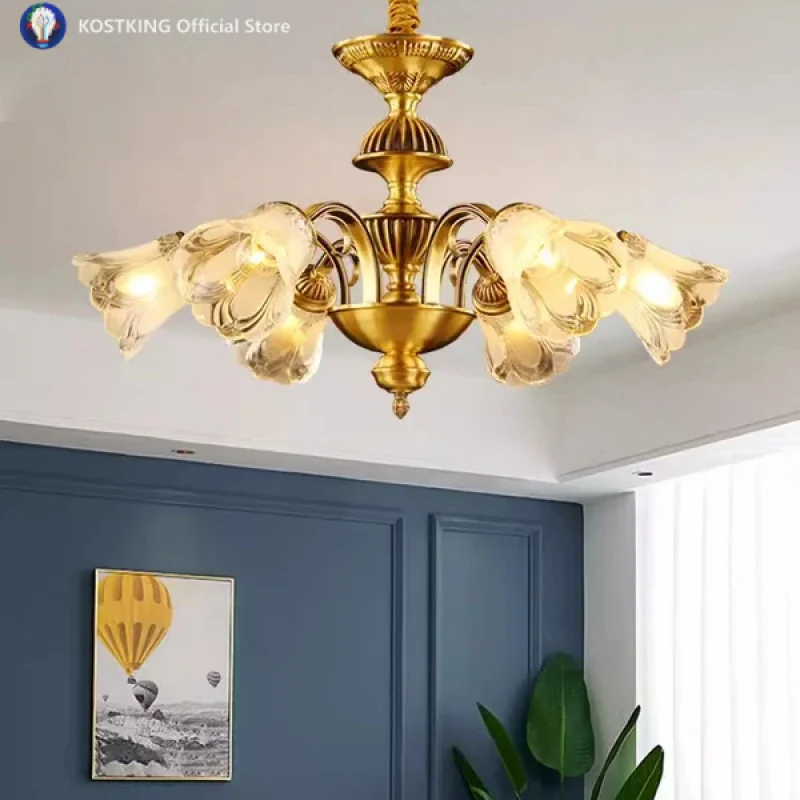 European Style Building Chandelier Villa Living Room Crystal Lights Building Middle Floor Pendant Lamp Luxury Copper Chandeliers