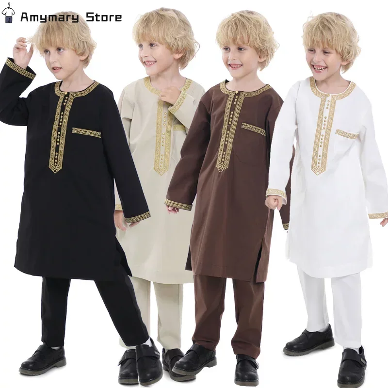 Robe musulmane pour enfants, ensemble 2 pièces, col rond, manches longues, robe imprimée, chemise Abaya Kaftan Jubba Thobe, vêtements islamiques