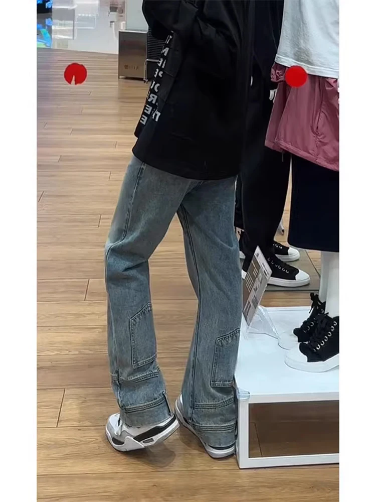 

Fall New Sle Men's Denim Jeans Mid-High Waist Long Pants Straight Leg Wide Leg Micro Flare Blue Waed out Anti-Wear