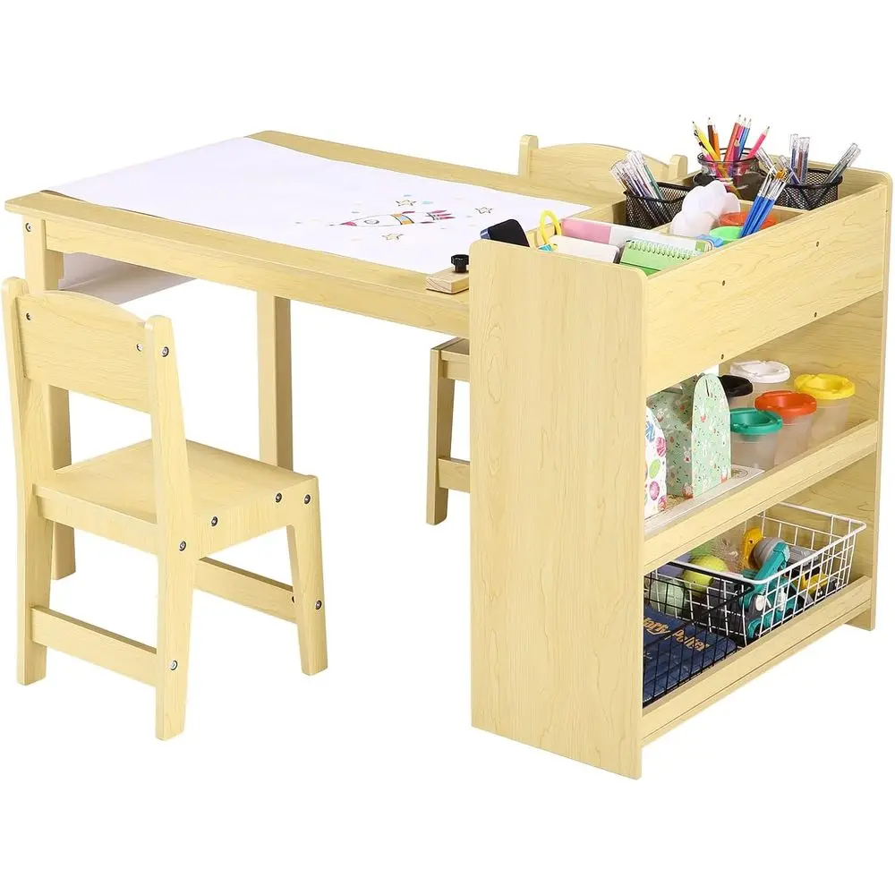

Kids Wooden Table and 2 Chairs Set – Storage Shelves & Paper Roller – Art, Crat & Activity Desk or Playroom, Nursery, Preschool