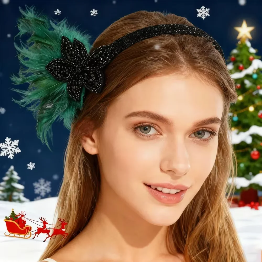 PESENAR Diadema navideña negra con adorno de plumas verdes y cristales
