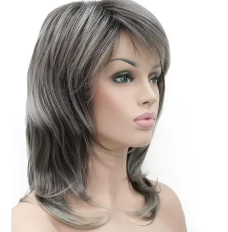 Wig wanita pirang/hitam, rambut palsu penuh bergelombang panjang sedang