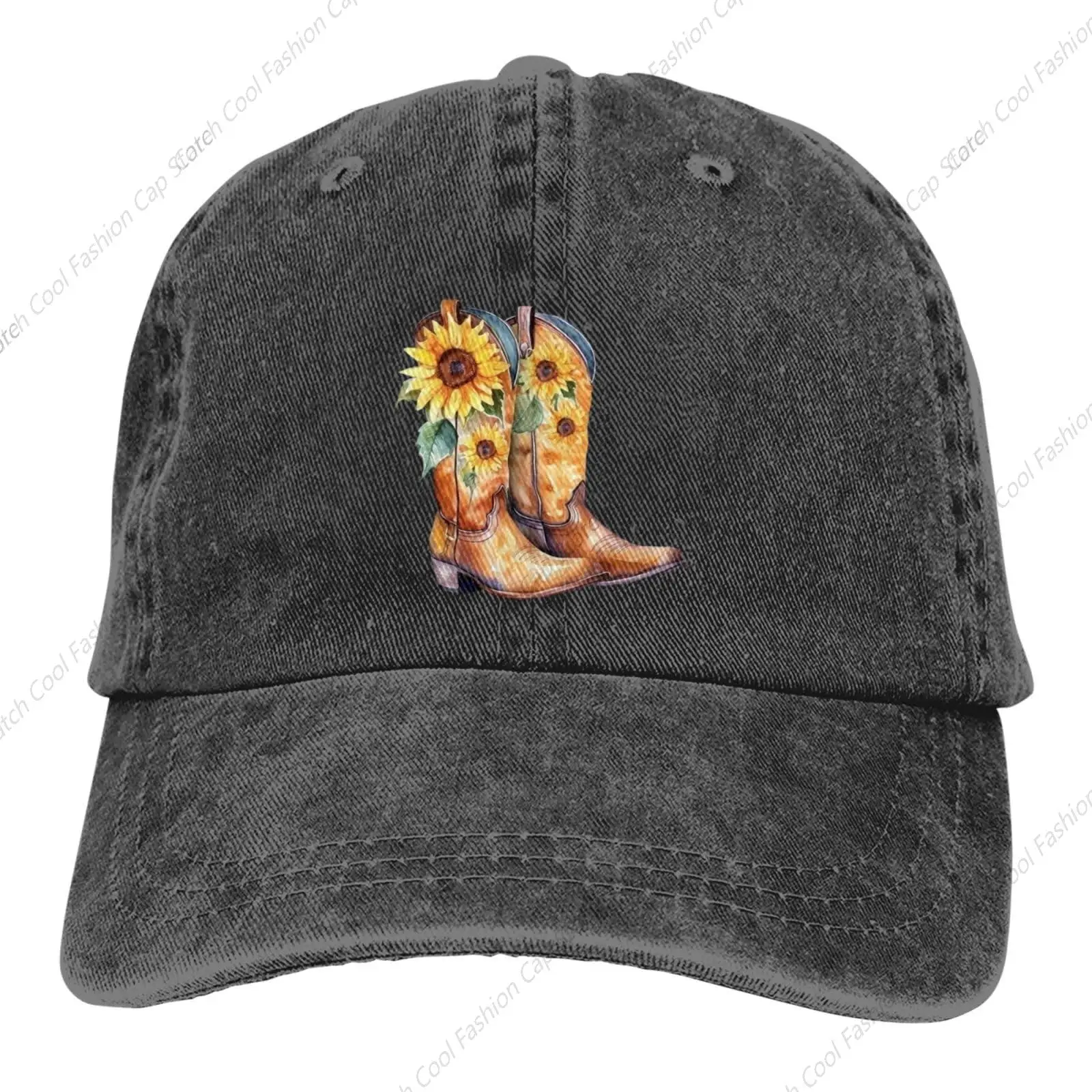 Boots with Sunflowers Baseball Cap for Men Women Vintage Trucker Denim Hat Washed Cotton Fashion Unisex Adjustable Sports