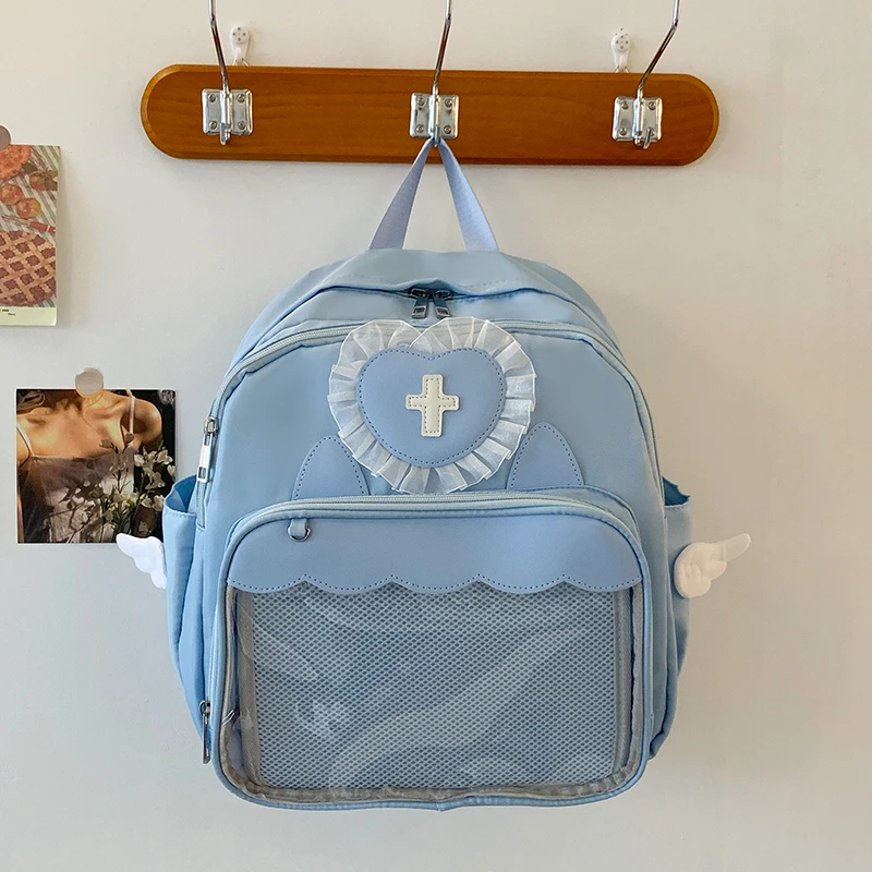 Japanese Sle Angel Large Capaci Blue School Bag Pure Color Bapa for Cute Girls Medical Series Nylon Zipper ex