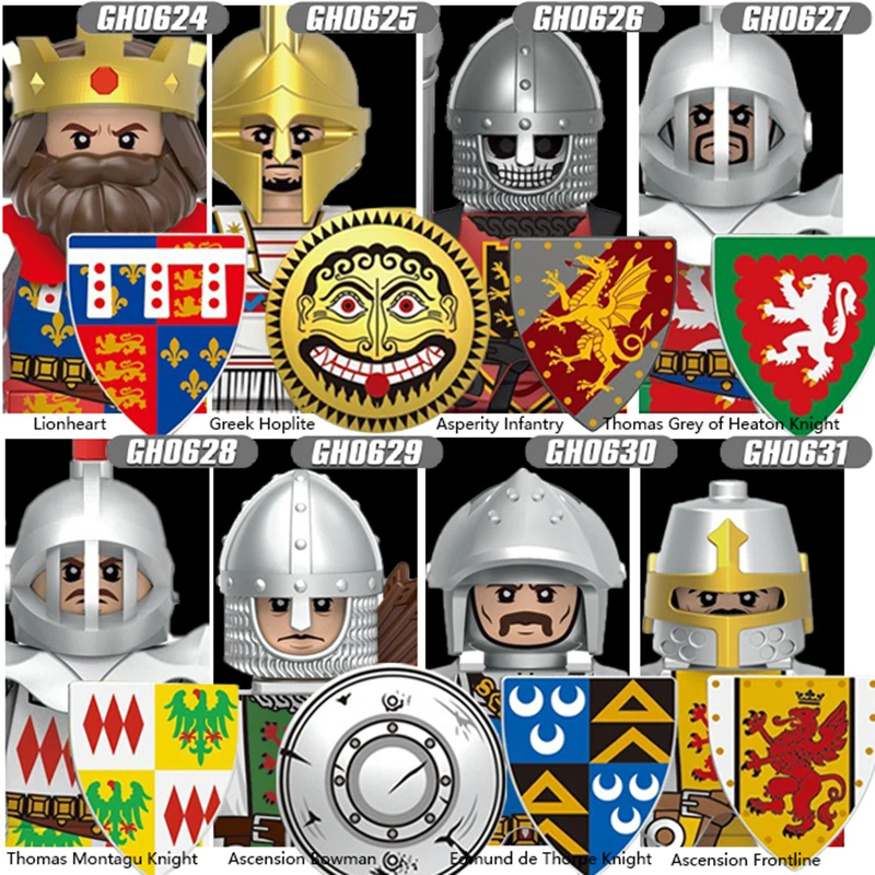 MOC Medieval Knights Figures  Roman Soldiers Building Blocks Lionheart King Infantry Greek Army Weapons Shields Bricks Toys Gift